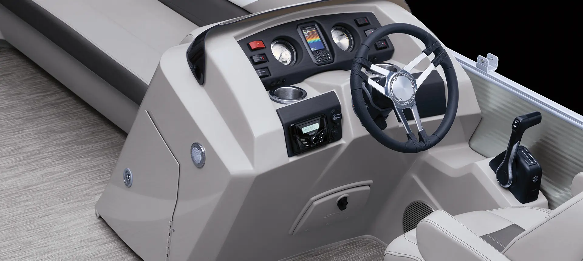 closeup of the helm on a bennington sx pontoon boat