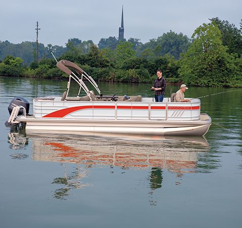 2 people fishing on a Bennington Fishing pontoon boat.