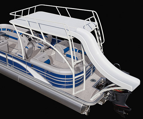 Aerial view of a Bennington pontoon with the top deck layout.