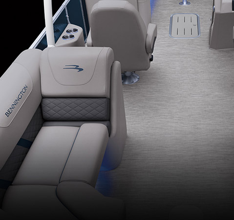 Bennington pontoon boat with the top deck layout showcasing the extra space and storage options.