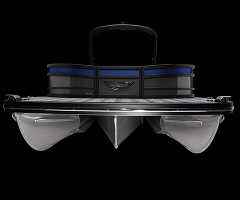 Stern focused view of the V-Hull on a Bennington L Bowrider Line pontoon boat.