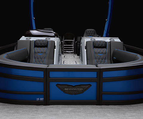Bow focused view of a Bennington L Bowrider pontoon boat showcasing the step-down U-Lounge and enhanced forward visibility for the captain.