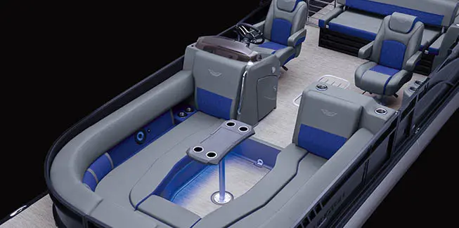 Overhead view of the step-down U-Lounge with optional table on a Bennington L Bowrider Line pontoon boat.
