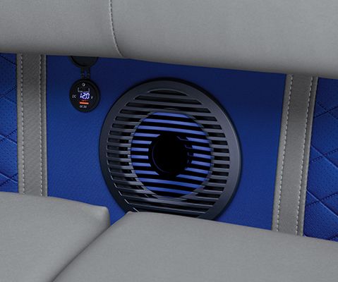 Speaker from the integrated Rockford Fosgate PMX-2 audio system on a Bennington L Line pontoon boat.