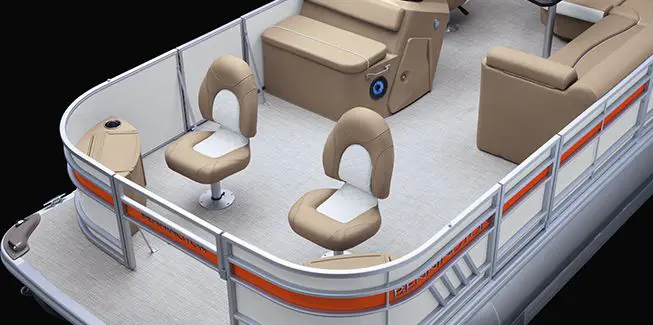 Aerial view of the bow fishing seats on a Bennington L Line pontoon boat with Fishing layout.