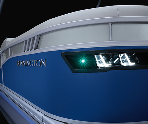 Illuminated integrated docking lights on a Bennington LX Sport pontoon boat.