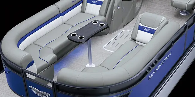 Aerial view of the bow seating on a Bennington LX Sport pontoon boat with quad bench layout.