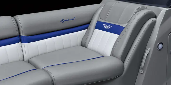 Closeup of the luxury seating on a Bennington LX Sport pontoon boat.