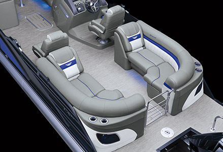 Bennington LX Sport Line pontoon boat with Quad Bench layout.