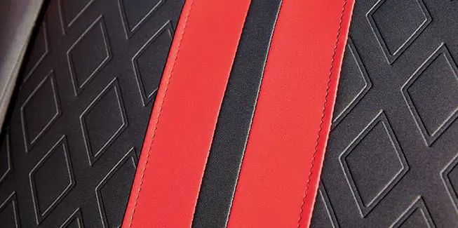 Closeup of the premium seat stiching on a Bennington M Line pontoon boat.