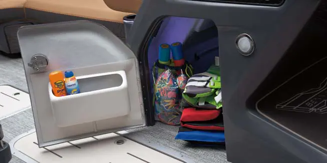 Helm storage on a Bennington M Line pontoon boat.