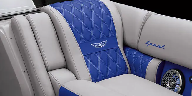 Close-up of the premium seat stitching on a Bennington Q Line pontoon boat.
