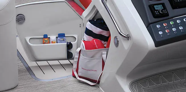 Integrated storage in the Captain's Helm on a Bennington Q Line pontoon boat.