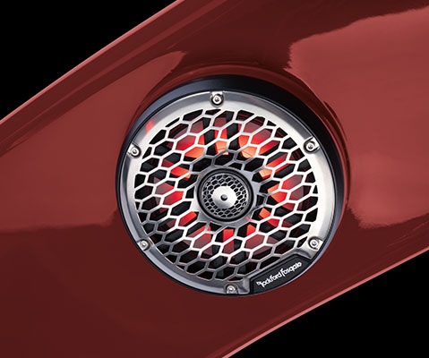 Rockford Fosgate Audio speaker integrated on a Bennington QX line pontoon boat.