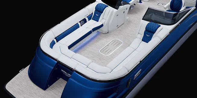 Aerial view of the bow seating on a Bennington QX Line pontoon boat.