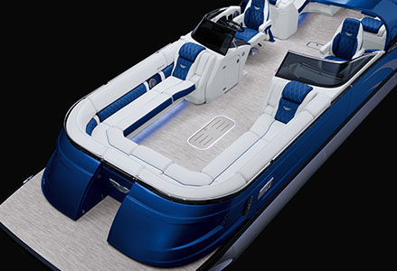 Bennington QX Line pontoon boat with Quad Bench layout.
