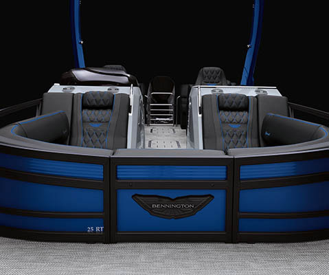 Bow focused view of a Bennington R Bowrider Line pontoon boat showcasing the step-down U-Lounge and enhanced forward visibility for the captain.