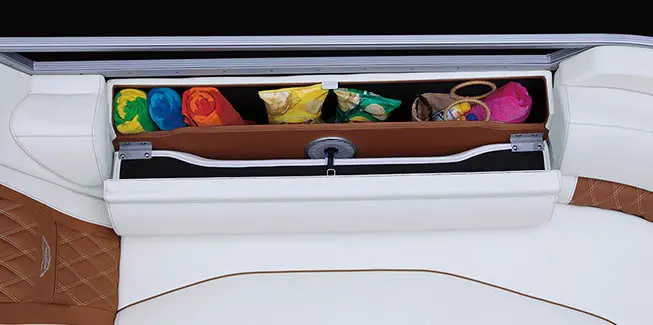 Seat-back storage options on a Bennington R Bowrider pontoon boat.