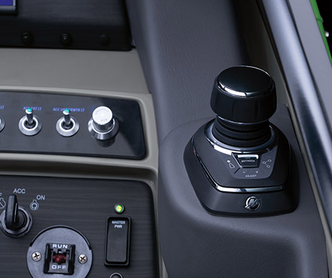 Steering joystick on the helm of a Bennington RX Sport pontoon boat.