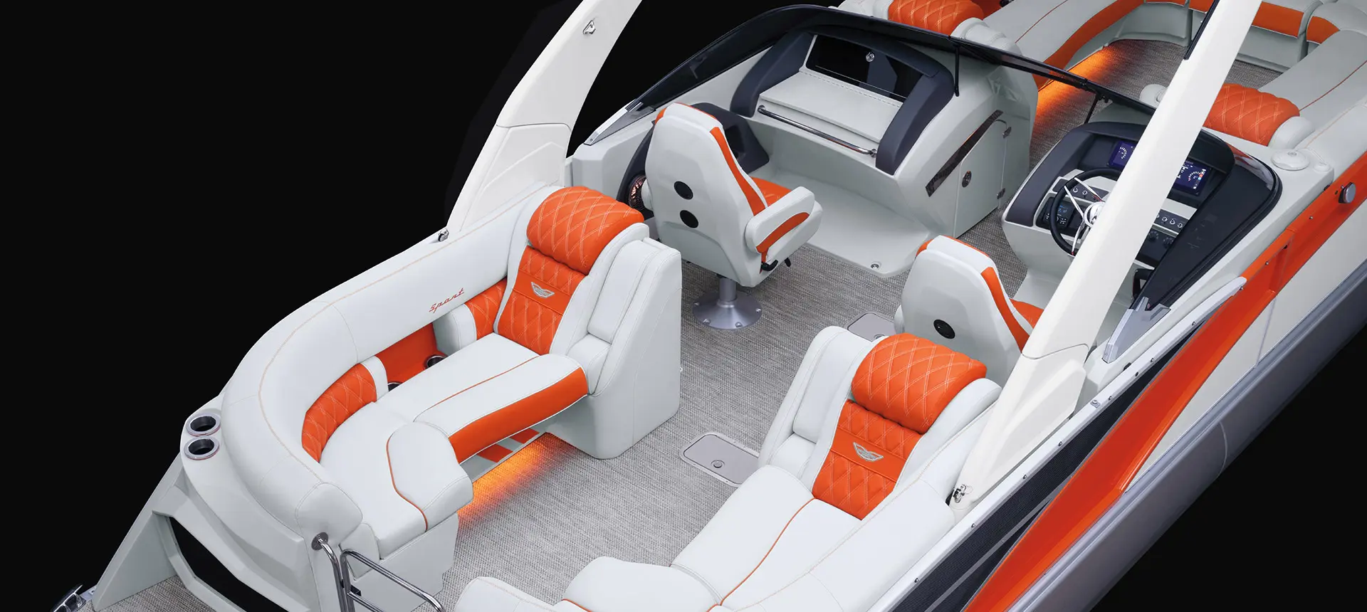 Aerial view of the stern quad bench seating on a Bennington RX Sport pontoon boat.