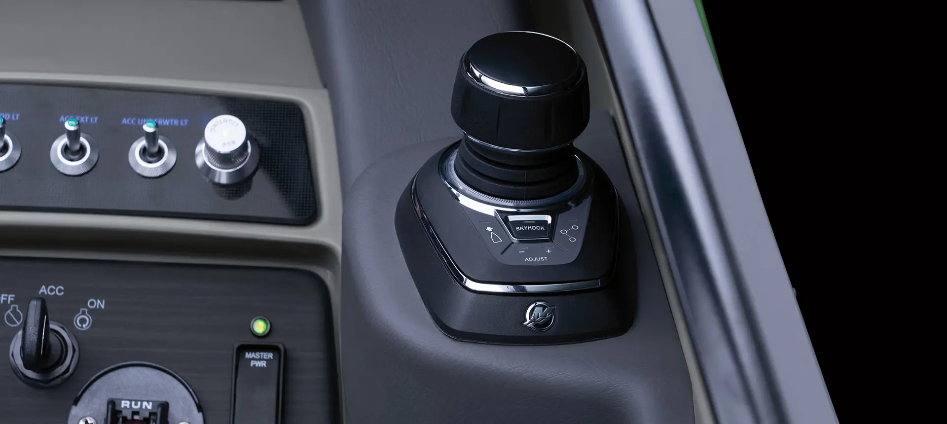 Steering joystick on a Bennington RX Sport pontoon boat.