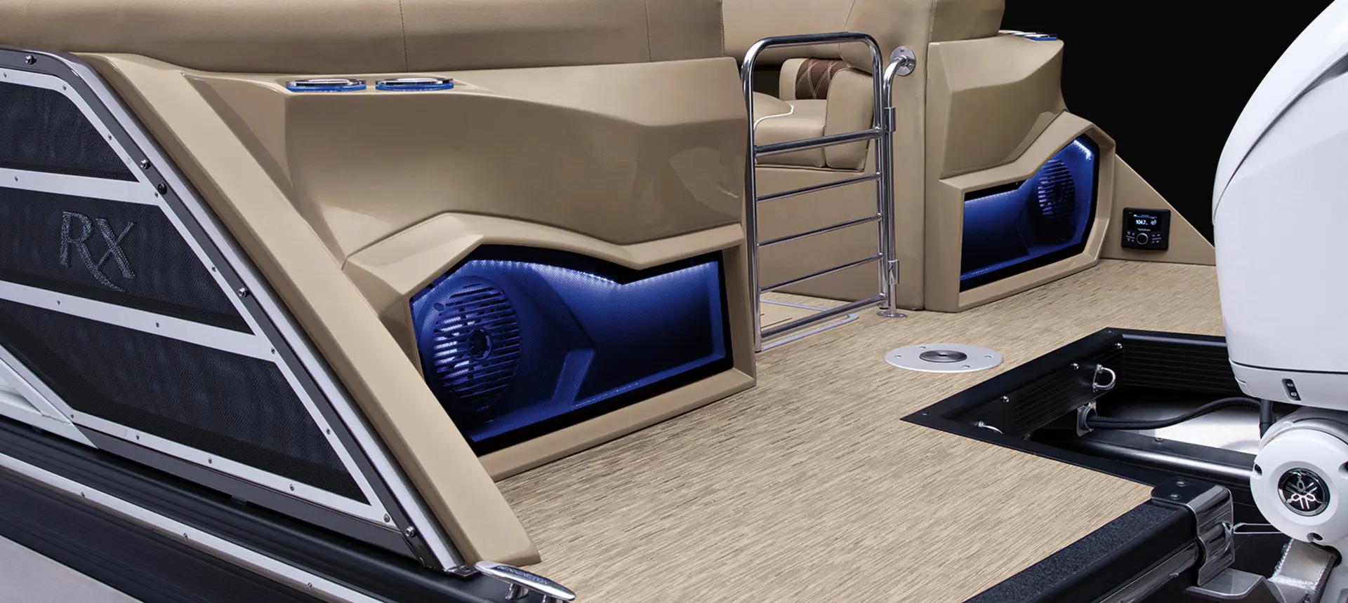 Integrated speakers on the stern with RGB lighting on a Bennington RX Sport pontoon boat.