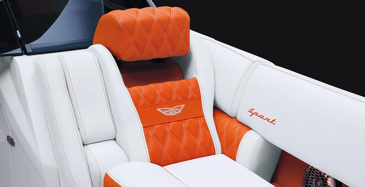 Closeup of the luxury seating on a Bennington RX Sport pontoon boat.