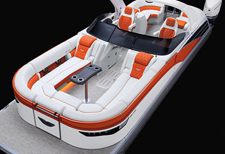 Bennington RX Sport Line pontoon boat with Quad Bench layout.