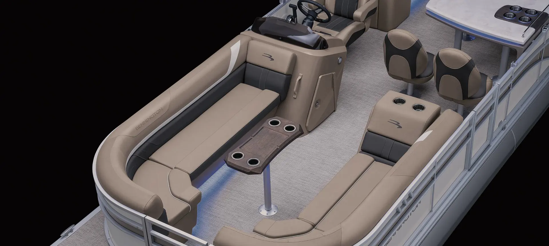 Aerial view of the bow seating and bow table on a Bennington SX Line pontoon boat.