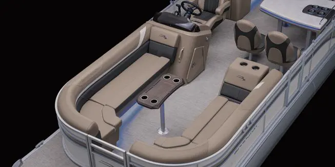 Aerial view of the bow seating and bow table on a Bennington SX Line pontoon boat.