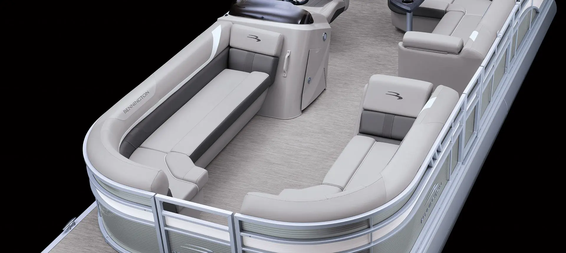 Aerial view of the bow seating on a Bennington SX Line pontoon boat with Quad Bench layout.