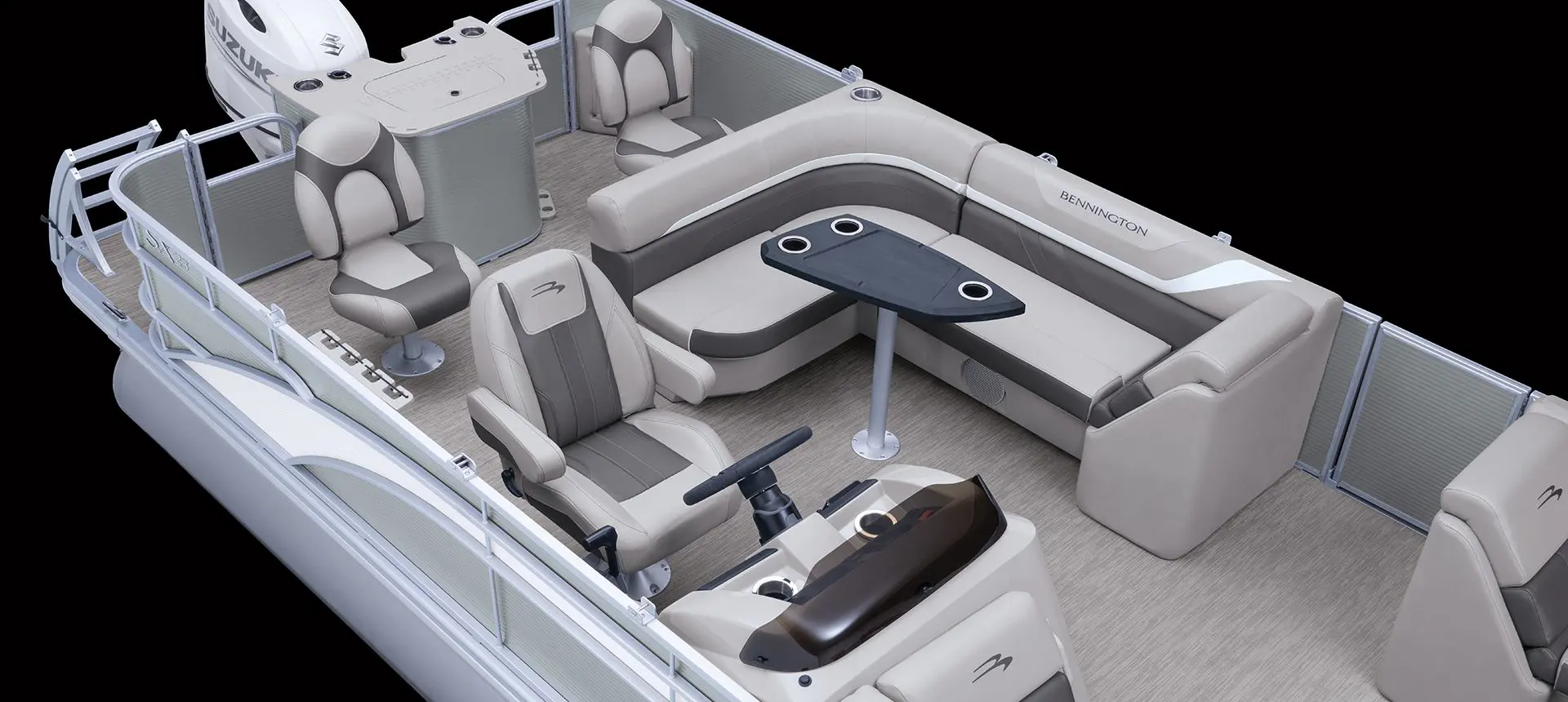 Aerial view of the stern on a Bennington SX Line pontoon boat with fishing layout.