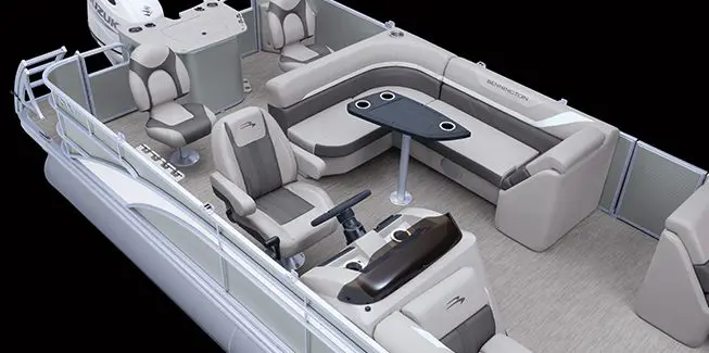 Aerial view of the stern on a Bennington SX Line pontoon boat with fishing layout.