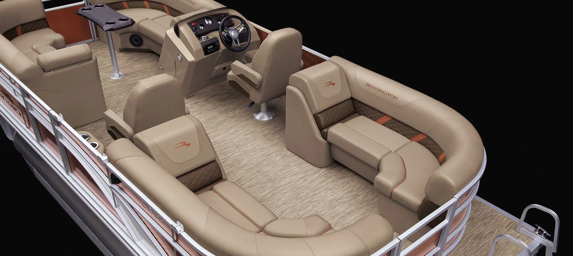 Aerial view of a Bennington SX Line pontoon boat with quad bench layout.