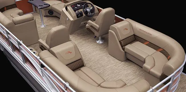 Aerial view of a Bennington SX Line pontoon boat with quad bench layout.