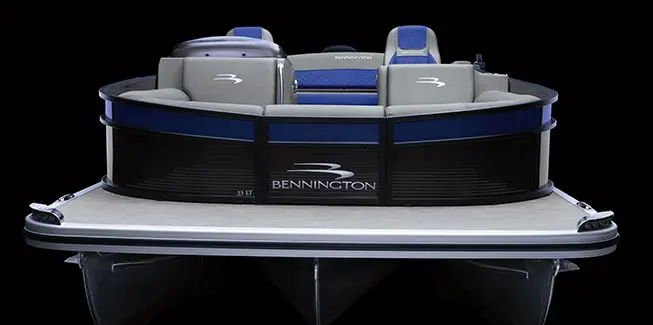 Bow focused view of a Bennington Bowrider pontoon boat.