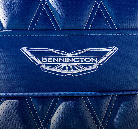 Endless customization options such as luxury seat stitching on blue fabric on a Bennington pontoon seat.