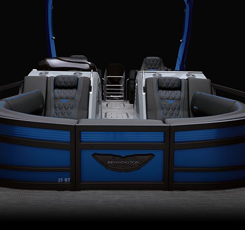Bow focused view of the Bennington R Bowrider pontoon boat showcasing the step-down U-Lounge.