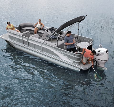 Aerial view of people fishing off the stern of a Bennington pontoon boat with a fishing layout.