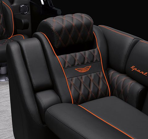 Simtex furniture upholstery that says cool in the sun being used on a Bennington saltwater/ocean pontoon.