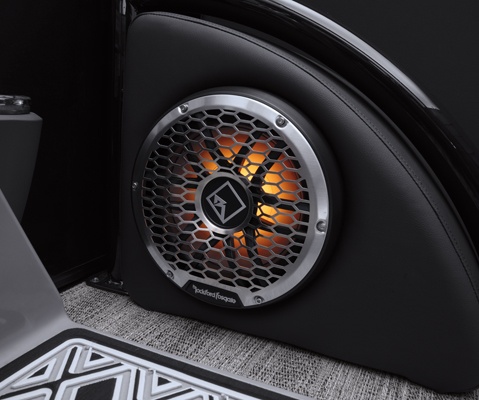 Rockford Fosgate illuminated multi-zone audio speakers on a Bennington QX Line pontoon boat.