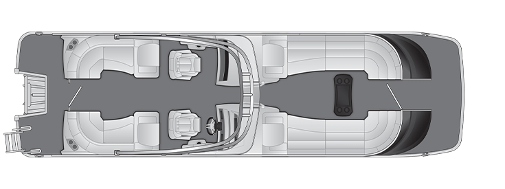 Overhead view of the layout on a Bennington 25 QX Fastback - Quad Bench with Windshield & Arch (25 QXFBWA).