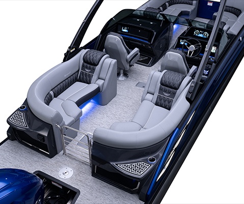 3D view of a Bennington pontoon boat interior showing customizable furniture colors, seating materials, helm design, and accent lighting.