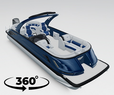 360-degree 3D view of a customizable Bennington pontoon boat showing exterior styling and interior seating options.
