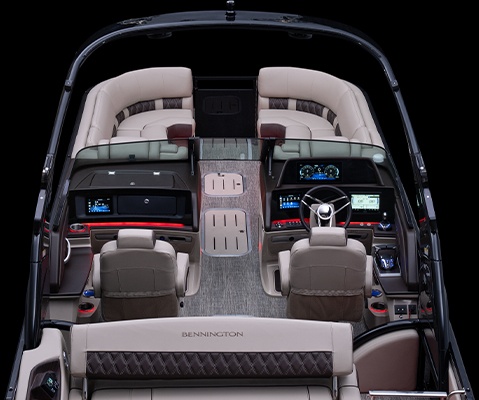 Premium Bennington pontoon boat interior with customizable seating, helm controls, flooring, lighting, and technology features.