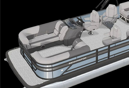 Bennington S Line pontoon boat with Quad Bench layout.