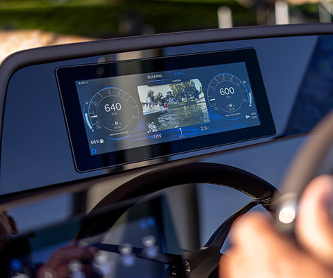 Rockford Fosgate audio system interface on the helm of a Bennington R Line pontoon boat.