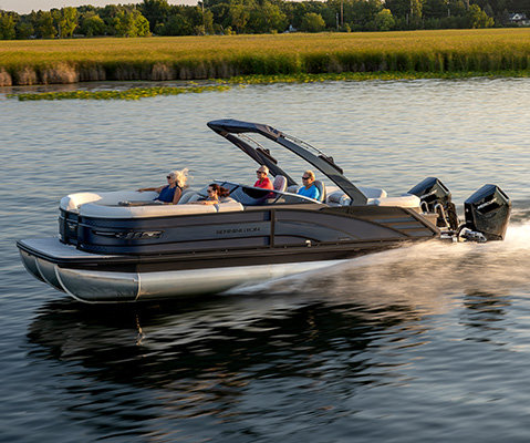 Bow focused view of a Bennington R Line pontoon boat showcasing the handling and performance packages. 