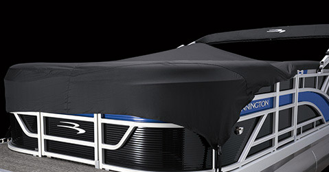 Bennington pontoon covered by a black pontoon boat cover.