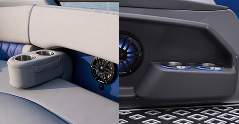 Built-in and moveable cupholders on a Bennington pontoon boat.